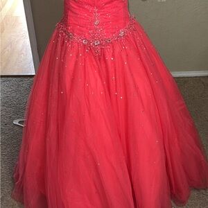 Strapless Pink Prom Ball Gown with Embellished Waist